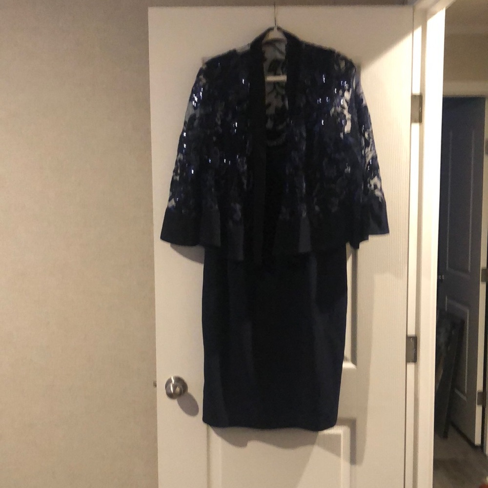 Mothers dress formal navy with sequin over coat see through bell sleeves.
